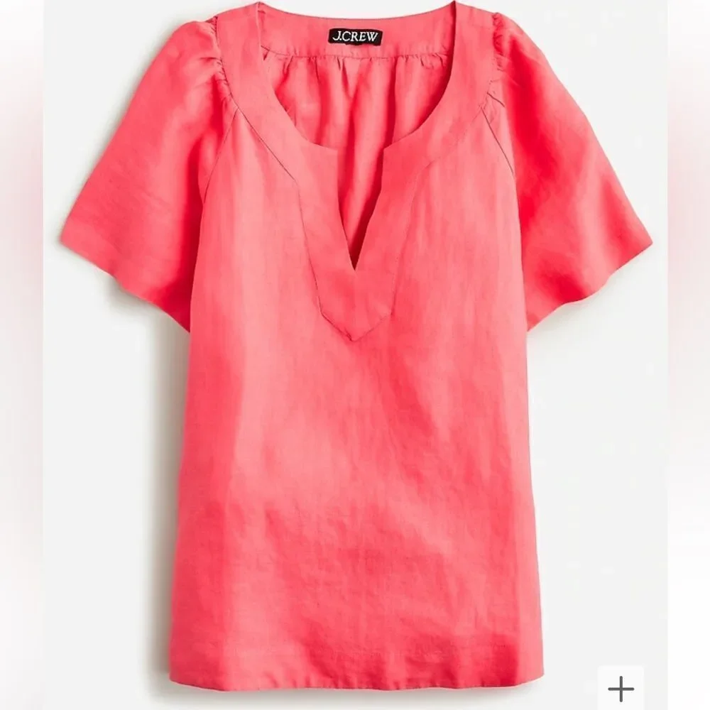 J.Crew Flutter-sleeve linen‎ V-neck top Brilliant Papaya Small NWT in packaging